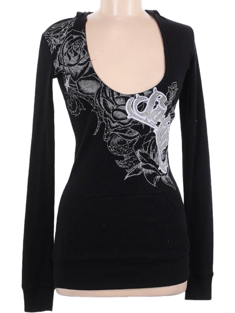 Black Long-Sleeve Scoop Neck Top with Silver Floral Graphic